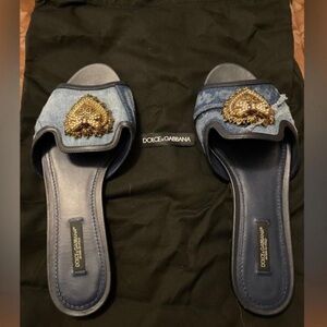 Dolce & Gabbana Denim Slides with Gold Accents